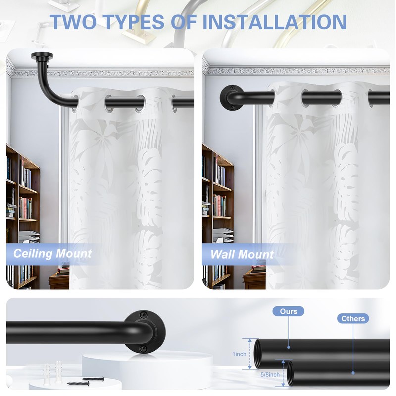 TANGWIN Black Wrap Around Curtain Rods 2Pack:Blackout Heavy duty Adjustable