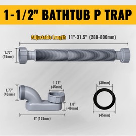 VIVIDA Bathtub Shower Drain Pipe, 1-1/2 Inch Low Profile P Trap Bathtub Fittings, Flexible Flat P Trap Freestanding Tub Drain for Bath and RV Bathtubs, Sealing Tape Included, Gray, 1 PACK
