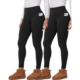 YOYOYOGA Fleece Lined Leggings Women with Pockets Tummy Control High Waisted Water Yoga Pants Workout Warm Winter（Black+Black,2XL