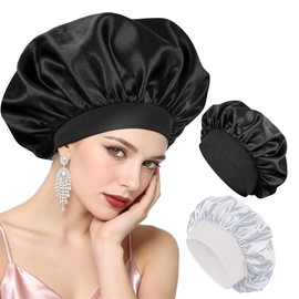 Cuffia Seta Capelli Notte Set di 2 Cuffia Capelli Seta, Cuffia Doccia Donna, Cuffia Notturna per Capelli Ricci e Lisci, Anti-crespo Accessori per Capelli, (Nero + Argento + 2 Elastici per Capelli)
