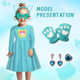 SHELOVESIT Girls Cute Kitties Long Sleeves Dress with Cat paw-shaped Gloves Dress Up Outfits for Parties- 130cm/5T-6T - Blue