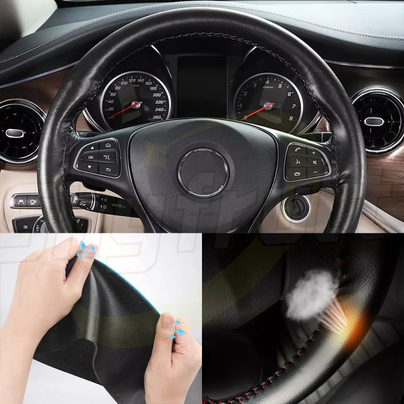 AQJ 15" DIY Steering Wheel Cover Genuine Leather for FORD