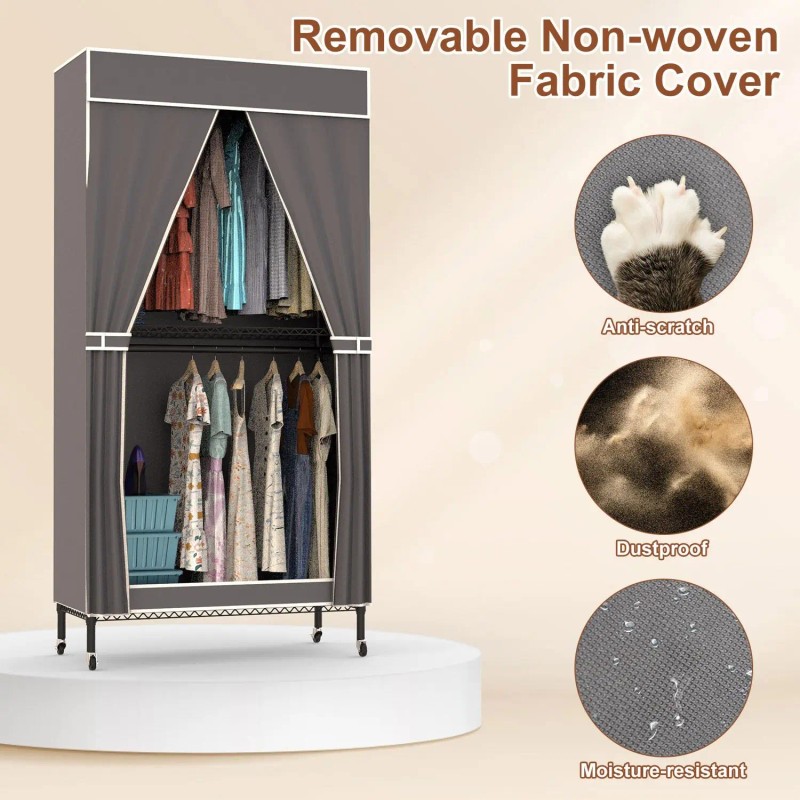 Portable Grey 2-Tier Clothing Rack with 4 Wheels 2 Hanging