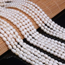 Natural Pearl Beads Natural Oval Freshwater Cultured White Pearl Loose Beads Quality Level AAA for Jewelry Making Charms Necklace as Gift 5-6 mm 14.2 inches (2 Strands)