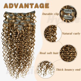 Hyssiet Curly Clip in Hair Extensions Real Human Hair 120g Dark Brown Highlighted Honey Blonde Wavy Human Hair Clip in Extensions 22 Inch 7pcs with 16 Clip Thick Full End Natural Curly Hair