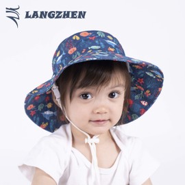 LANGZHEN Sun Protection Hat for Kids Toddler Boys Girls Wide Brim Summer Outdoor hat Cotton Baby Bucket Hat with Chin Strap (Undersea World-Navy, M: 1T-2T (50cm /19.7"))