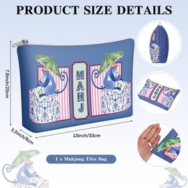 Empty Chinoiserie Mahjong Tile Bag 13x7.8 Inch Blue and Pink Tile Storage Bag with Zippered Monkey Portable Travel Storage Pouch Standard Size for American Mahjong Tiles Accessories Hostess Gift