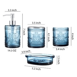 4PCs Teal Blue Glass Bathroom Accessories Set with Decorative Pressed Pattern - Includes Hand Soap Dispenser & Tumbler & Soap Dish & Toothbrush Holder (Dark Blue)