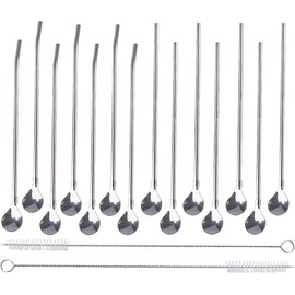 14 Pieces Stainless Steel Drinking Straws Spoons, BetterJonny Drinking Straws Spoons, 2 in 1 Reusable Straws, Spoon, Spoon Straws, Ideal as Latte Macchiato and Cocktail Spoon (Silver)