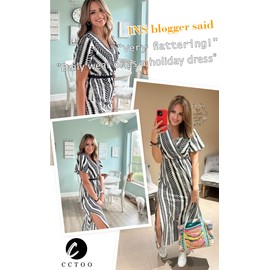 CCTOO Women's Summer Wrap Maxi Dress Casual Bohemian Floral V Neck Short Sleeve Ruffle Hem Split Belted Beach Long Dresses 185Black Medium