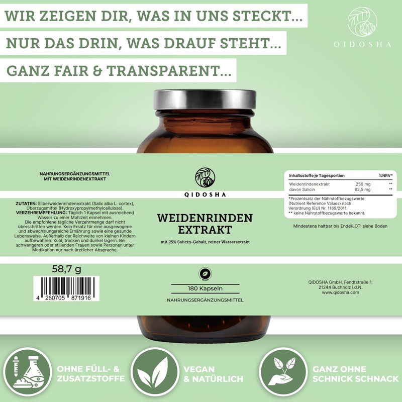 QIDOSHA Willow Bark Extract with 25% Salicin, 180 Capsules in