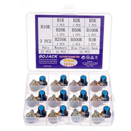 BOJACK 10 Values 12 Pieces B1K-B1M Knurled Shaft 3 Clamps Linear Cone Rotary Potentiometer (WH148) Single Turn Activated Carbon Film Variable Resistors Assortment Kit