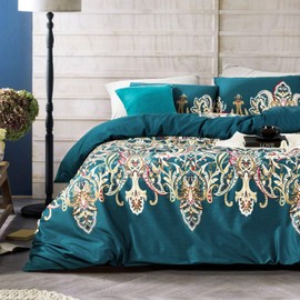 YuHeGuoJi 3 Pieces Duvet Cover Set 100% Egyptian Cotton Teal Queen Size Bohemian Paisley Print Bedding Set with Zipper Ties 1 Damask Duvet Cover 2 Pillowcases Hotel Quality Super Soft Lightweight