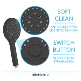B?chlein B?chlein Universal Duschbrause - Brausekopf mit 3 Strahlarten, einfach wechselbar durch praktische Drucktaste - Runder Duschkopf Matt Schwarz - Handbrause mit Standard G 1/2? Anschlussma?