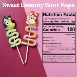 Bluey and Bingo Gummy Lollipops, Character Candy Skewers with Twisted Fruit Gummies – Individually Wrapped Party Favor Treats, (4 Pack)