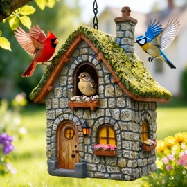 Moss Roof Stone Cottage Bird House, Handcrafted Resin Hanging Birdhouse with Natural Stone & Flower Details, Waterproof Outdoor Nest Box for Wild Birds, Rustic Garden Decor
