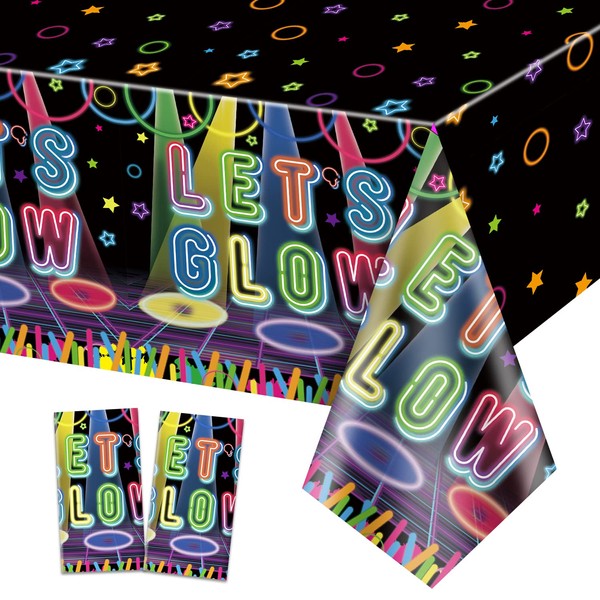 Pack of 2 Let's Glow Tablecloths, Neon Tablecloths, Let's Glow Tablecloth for Let Glow in The Dark Party Decorations, 220 x 130 cm Glow Neon Party Tablecloth Supplies