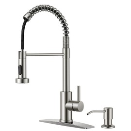 FORIOUS Kitchen Faucet with Soap Dispenser, Brushed Nickel Kitchen Faucets with Pull Down Sprayer, Stainless Steel High Arch Spring Sink Faucet, Single Handle Utility Faucet for Laundry Sink RV Bar