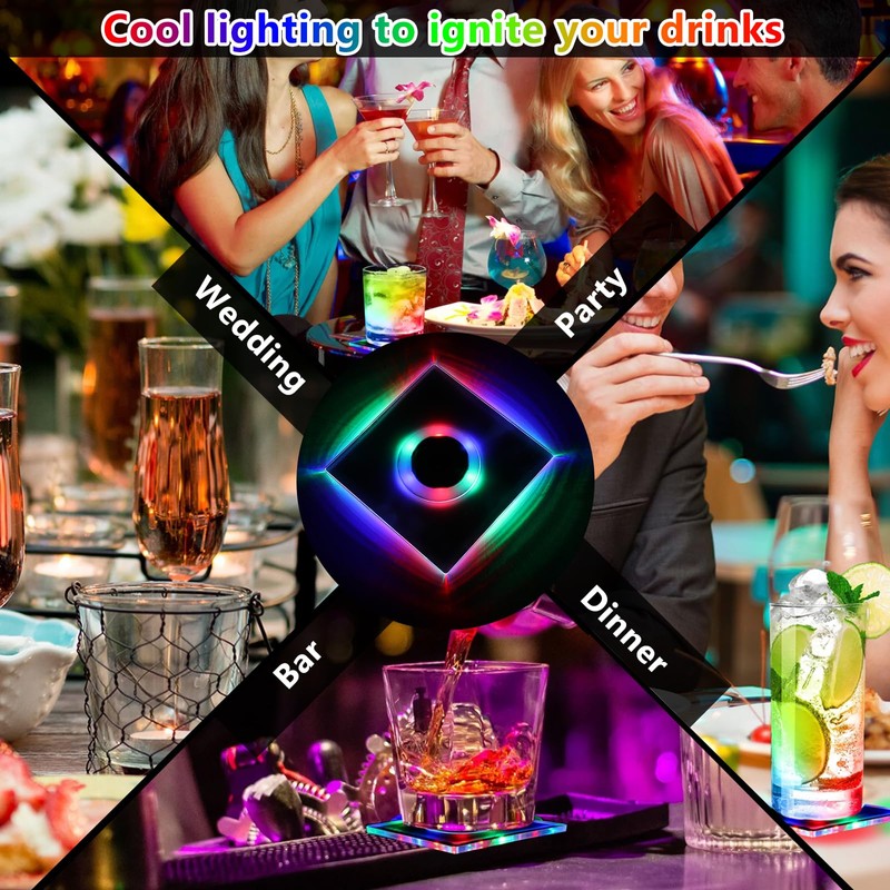 Pack of 6 Colourful LED Coasters, Square Luminous Coasters, 3