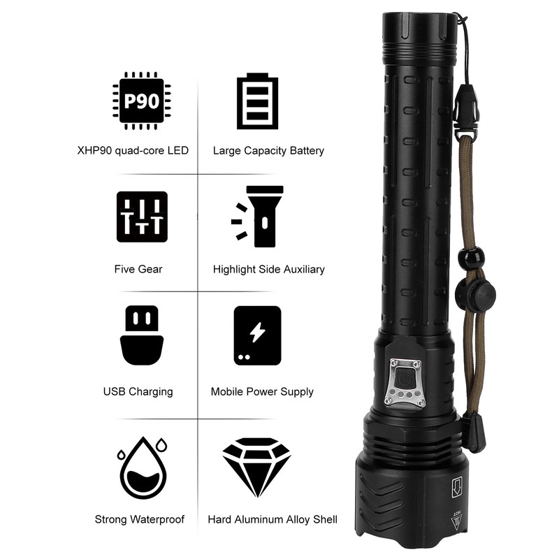 XHP90 Telescopic Zoom Flashlight Waterproof Electric Torch USB Charging for