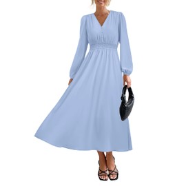 PRTTYGARDEN Womens Long Sleeve Maxi Dress 2025 Spring Trendy Elegant V Neck Flowy Wedding Guest Holiday Formal Long Dresses (Light Blue,Medium)