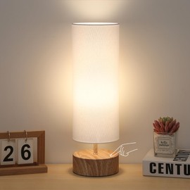 Bedside Table Lamp, 3 Way Touch Control Table Lamp with Wood Grain Base, Dimmable Nightstand Lamp with White Shade, Simple Night Light for Bedroom Living Room Home Office, LED Bulb Included