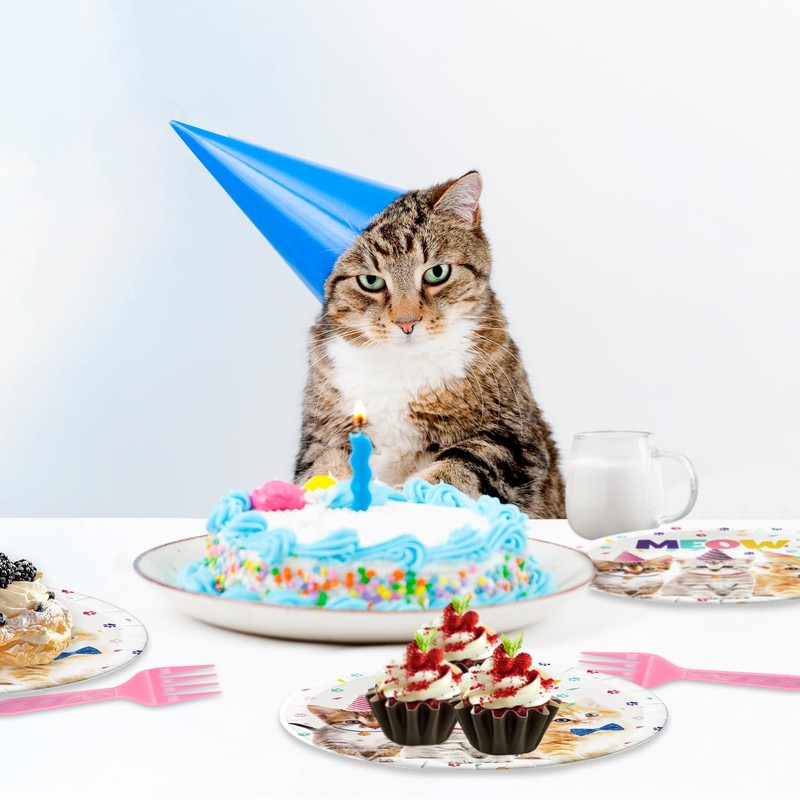 48pcs Cat Party Supplies,Disposable dessert tableware,include 16 Dessert Plate,16 Napkin