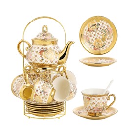 20 Pcs Porcelain Tea Set with Metal Holder,European Adult Ceramic Tea Party Set,Flower Painting Teapot Cup Saucer Spoon Set for Women,Serving 6 People(Gold)