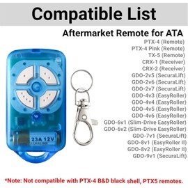 Garage Gate Door Remote for ATA PTX4 SecuraCode Garage Remote 433.92MHz Rolling Code 4 Button Blue Remote Control Comes with Keychai