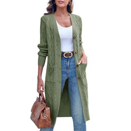 Imily Bela Women's Long Cable Knit Open Front Cardigan Long Sleeve Autumn Winter Knitted Cardigan with Pockets, Army Green
