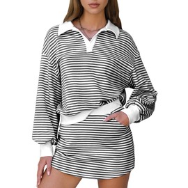 EXLURA Women Fall Two Piece Sets Cotton Striped Set Sweatshirt Matching Skort Skirt Sweatsuits Workout Tracksuit Outfits 2025