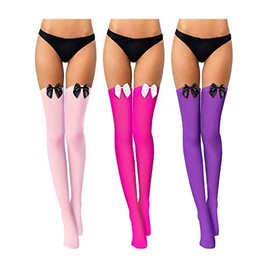 3 Pairs Over Knee Thigh Highs Stockings with Bow for Women Thigh High Socks Dress for Daily Wear Cosplay(Purple with Black Bow, Rose Red with White Bow, Pink with Black Bow)