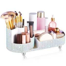 Resholder Teen Girls Women Gift Bling Makeup Organizer Large Girly Makeup Organizer 360 Rotating Rhinestone Diamond Skin Care Brush Holder for Countertop Bathroom, Teen Girls Essentials (AB color)
