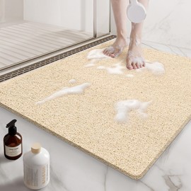 Beige Non Slip Square Shower Mat 24x24 Inch for Bathtub and Shower, Anti Slip Bath Mat for Textured Surfaces, Loofah Foot Scrubber, Safety Mat for Walk in and Stand Up Showers, Quick Drying