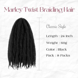 Marley Twist Braiding Hair 8 Packs Marley Twist Hair Cuban Twist Hair 24 Inch Afro Kinky Curly Twist Crochet Hair Cuban Twist Soft and Natural Hair 1B Black (Black, 24 inch)
