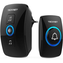 TECKNET Wireless Doorbell Set IP65 Wireless Bell Outdoor Waterproof with 60 Melodies & 5 Volume Levels, Wireless Bell Front Door Kit with LED Flash and 1 Receiver 1 Transmitter, 400 m Range