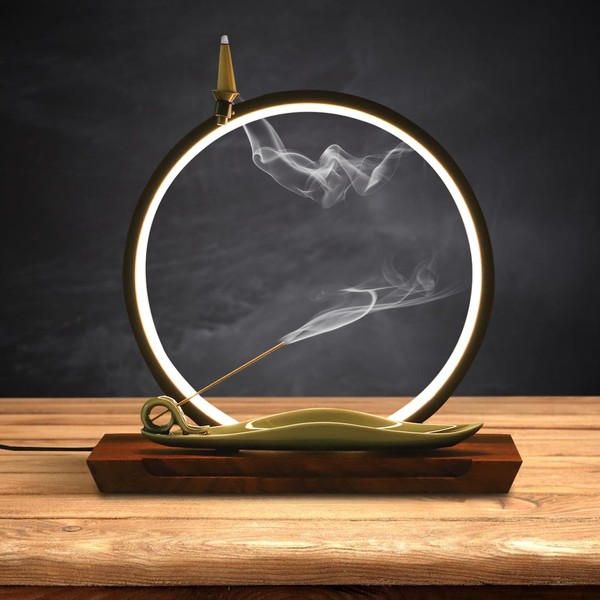 Backflow Incense Stick Holder with LED Light Ring, Ceramic Waterfall
