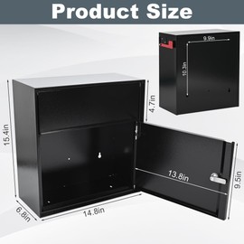 yeshine Large Capacity Wall Mounted Locking Mailbox with Mail Flag and Number Stickers, Steel Mail Drop Box with Key Lock, Security Mail Boxes for House and Outside, Black, 14.76" x 6.89" x 15.35"
