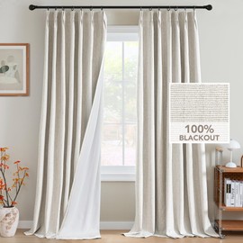 H.VERSAILTEX Pinch Pleated Full Blackout Curtains Linen Blended Chenille Blackout Curtains 84 inch Length 2 Panels Bedroom Thermal Insulated Farmhouse Neutral Track Drapes with Hooks, Heather Ivory