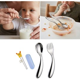 Juego de cubiertos de aprendizaje para manos pequeñas, cuchara y tenedor de acero inoxidable con asas dobladas para comidas en el hogar y viajes
