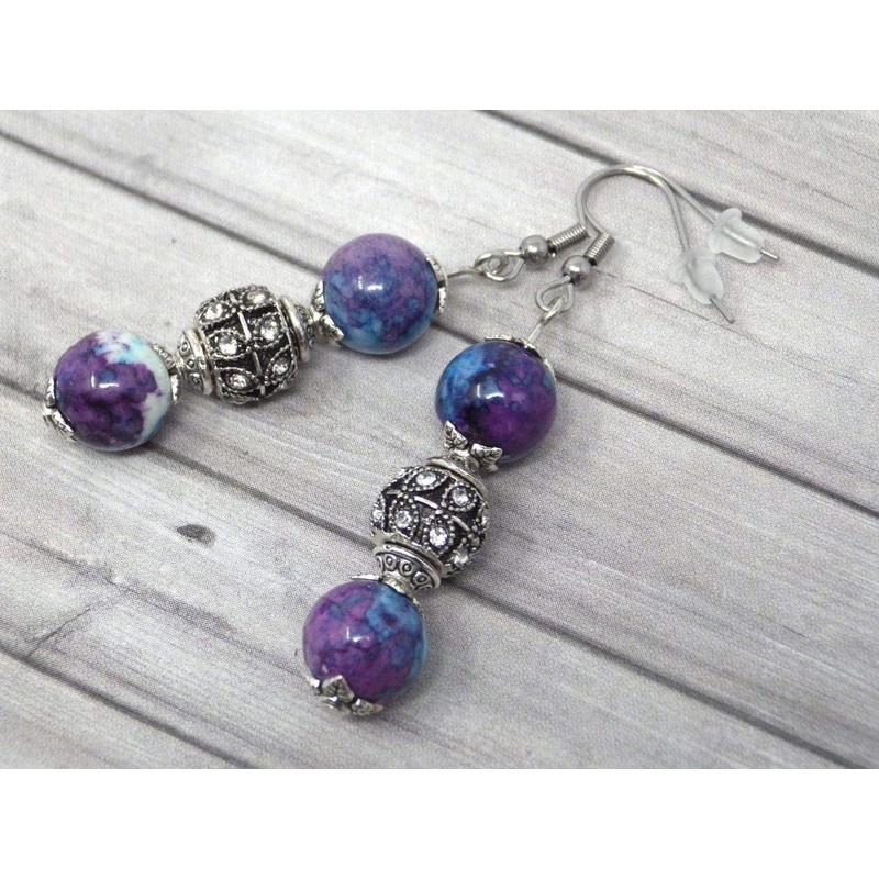 Stainless steel earrings with natural jade pearls, purple, blue and