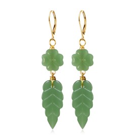 14K Gold Real Genuine Natural Dongling Jade Crystal Quartz Gemstone Lucky Four-Leaf Clover Leaf Leverback Hoop Drop Dangle Earrings Jewelry for Women (B01_Green)