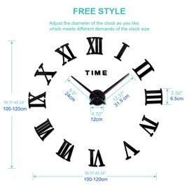 Large DIY Wall Clock Kit, 3D Frameless Wall Clock with Mirror Number Stickers for Home Living Room Bedroom Office Decoration-Silver