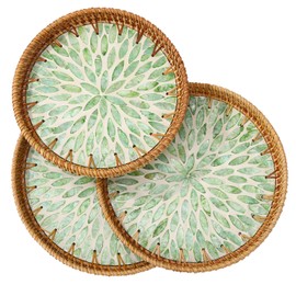 Ovveroche 3 Pack Round Rattan Tray with Mother of Pearl Inlay, Decorative Boho Woven Basket Trays for Breakfast Tea Snack Fruit Coffee