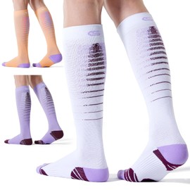CelerSport 3 Pairs Compression Socks for Men and Women 20-30 mmHg Running Support Socks, White+Orange+Purple, Small/Medium