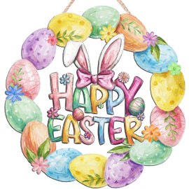 Easter Decoration Wooden Door Wreath for Front Door Sign Cute Bunny Flower Eggs Wooden Door Hanger Rabbit Spring Decoration Happy Easter Welcome Hanging Sign for Outdoor Indoor Wall Home Decor