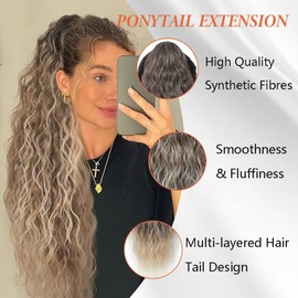 HEVAYO KISS Claw Clip Ponytail Extension 30Inch Chestnut Brown Mixed Ash Blonde Ponytail Extension Natural Fluffy Synthetic Clip on Ponytails Hairpiece for Women
