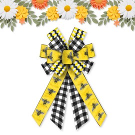 Estivaux Large Spring Summer Bows for Wreath, Happy Bee Day Wreath Bows Black White Buffalo Plaid Bows First Birthday Farmhouse Craft Bows for Front Door Spring Birthday Party Decorations