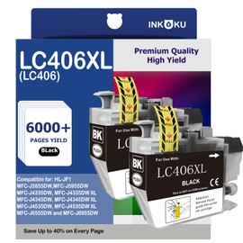 INKOKU LC406XL LC406 Black Ink Cartridges, 2 Pack Compatible with Brother