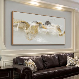 HUADAOART Wall Art Modern Zen Light Luxury Natural Landscape with Golden and White lines Background Wall Decor Canvas Prints for Living Room Bedroom 20x40 Inches (Framed)